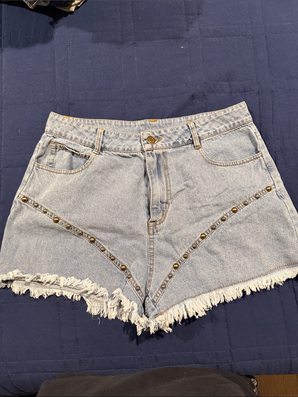 Le Lis Light Blue Studded Frayed Hem Denim Shorts